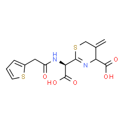 ChemSpider 2D Image | 2-{(R)-Carboxy[(2-thienylacetyl)amino]methyl}-5-methylene-5,6-dihydro-4H-1,3-thiazine-4-carboxylic acid | C14H14N2O5S2