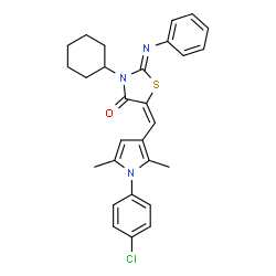 ChemSpider 2D Image | (2Z,5E)-5-{[1-(4-Chlorophenyl)-2,5-dimethyl-1H-pyrrol-3-yl]methylene}-3-cyclohexyl-2-(phenylimino)-1,3-thiazolidin-4-one | C28H28ClN3OS