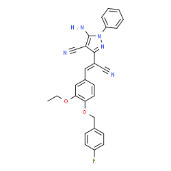 ChemSpider 2D Image | 5-Amino-3-[(Z)-1-cyano-2-{3-ethoxy-4-[(4-fluorobenzyl)oxy]phenyl}vinyl]-1-phenyl-1H-pyrazole-4-carbonitrile | C28H22FN5O2