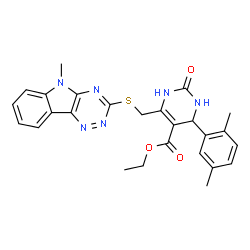 ChemSpider 2D Image | Ethyl 4-(2,5-dimethylphenyl)-6-{[(5-methyl-5H-[1,2,4]triazino[5,6-b]indol-3-yl)sulfanyl]methyl}-2-oxo-1,2,3,4-tetrahydro-5-pyrimidinecarboxylate | C26H26N6O3S