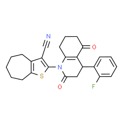 ChemSpider 2D Image | 2-[4-(2-Fluorophenyl)-2,5-dioxo-3,4,5,6,7,8-hexahydro-1(2H)-quinolinyl]-5,6,7,8-tetrahydro-4H-cyclohepta[b]thiophene-3-carbonitrile | C25H23FN2O2S