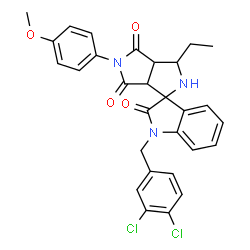 ChemSpider 2D Image | 1-(3,4-Dichlorobenzyl)-3'-ethyl-5'-(4-methoxyphenyl)-3a',6a'-dihydro-2'H-spiro[indole-3,1'-pyrrolo[3,4-c]pyrrole]-2,4',6'(1H,3'H,5'H)-trione | C29H25Cl2N3O4