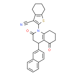 ChemSpider 2D Image | 2-[4-(2-Naphthyl)-2,5-dioxo-3,4,5,6,7,8-hexahydro-1(2H)-quinolinyl]-4,5,6,7-tetrahydro-1-benzothiophene-3-carbonitrile | C28H24N2O2S