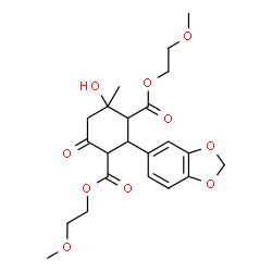 ChemSpider 2D Image | Bis(2-methoxyethyl) 2-(1,3-benzodioxol-5-yl)-4-hydroxy-4-methyl-6-oxo-1,3-cyclohexanedicarboxylate | C22H28O10