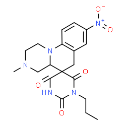 ChemSpider 2D Image | 3-Methyl-8-nitro-1'-propyl-2,3,4,4a-tetrahydro-1H,2'H,6H-spiro[pyrazino[1,2-a]quinoline-5,5'-pyrimidine]-2',4',6'(1'H,3'H)-trione | C19H23N5O5