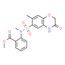 ChemSpider 2D Image | Methyl 2-{methyl[(7-methyl-3-oxo-3,4-dihydro-2H-1,4-benzoxazin-6-yl)sulfonyl]amino}benzoate | C18H18N2O6S