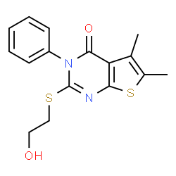 ChemSpider 2D Image | 2-[(2-Hydroxyethyl)sulfanyl]-5,6-dimethyl-3-phenylthieno[2,3-d]pyrimidin-4(3H)-one | C16H16N2O2S2