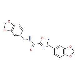 ChemSpider 2D Image | 3-(1,3-Benzodioxol-5-yl)-N-(1,3-benzodioxol-5-ylmethyl)-1,2,4-oxadiazole-5-carboxamide | C18H13N3O6