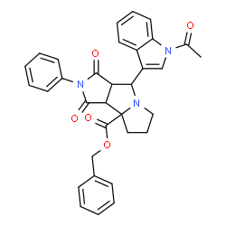ChemSpider 2D Image | Benzyl 4-(1-acetyl-1H-indol-3-yl)-1,3-dioxo-2-phenyloctahydropyrrolo[3,4-a]pyrrolizine-8a(6H)-carboxylate | C33H29N3O5