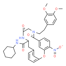 ChemSpider 2D Image | N-Cyclohexyl-9-[2-(3,4-dimethoxyphenyl)ethyl]-4-nitro-8,11-dioxo-2-oxa-9,12-diazatricyclo[13.3.1.1~3,7~]icosa-1(19),3(20),4,6,15,17-hexaene-13-carboxamide | C34H38N4O8