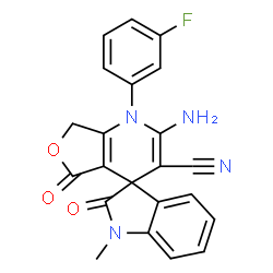 ChemSpider 2D Image | 2-Amino-1-(3-fluorophenyl)-1'-methyl-2',5-dioxo-1',2',5,7-tetrahydro-1H-spiro[furo[3,4-b]pyridine-4,3'-indole]-3-carbonitrile | C22H15FN4O3
