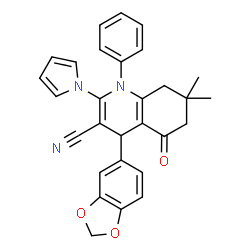 ChemSpider 2D Image | 4-(1,3-Benzodioxol-5-yl)-7,7-dimethyl-5-oxo-1-phenyl-2-(1H-pyrrol-1-yl)-1,4,5,6,7,8-hexahydro-3-quinolinecarbonitrile | C29H25N3O3