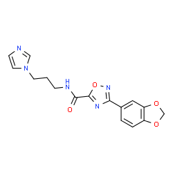 ChemSpider 2D Image | 3-(1,3-Benzodioxol-5-yl)-N-[3-(1H-imidazol-1-yl)propyl]-1,2,4-oxadiazole-5-carboxamide | C16H15N5O4