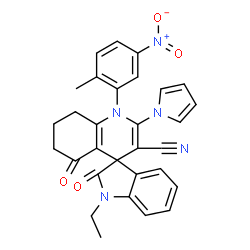 ChemSpider 2D Image | 1-Ethyl-1'-(2-methyl-5-nitrophenyl)-2,5'-dioxo-2'-(1H-pyrrol-1-yl)-1,2,5',6',7',8'-hexahydro-1'H-spiro[indole-3,4'-quinoline]-3'-carbonitrile | C30H25N5O4
