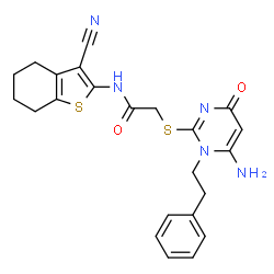 ChemSpider 2D Image | 2-{[6-Amino-4-oxo-1-(2-phenylethyl)-1,4-dihydro-2-pyrimidinyl]sulfanyl}-N-(3-cyano-4,5,6,7-tetrahydro-1-benzothiophen-2-yl)acetamide | C23H23N5O2S2