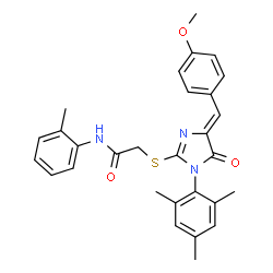 ChemSpider 2D Image | 2-{[(4Z)-1-Mesityl-4-(4-methoxybenzylidene)-5-oxo-4,5-dihydro-1H-imidazol-2-yl]sulfanyl}-N-(2-methylphenyl)acetamide | C29H29N3O3S