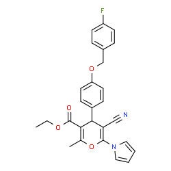 ChemSpider 2D Image | Ethyl 5-cyano-4-{4-[(4-fluorobenzyl)oxy]phenyl}-2-methyl-6-(1H-pyrrol-1-yl)-4H-pyran-3-carboxylate | C27H23FN2O4
