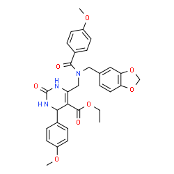 ChemSpider 2D Image | Ethyl 6-{[(1,3-benzodioxol-5-ylmethyl)(4-methoxybenzoyl)amino]methyl}-4-(4-methoxyphenyl)-2-oxo-1,2,3,4-tetrahydro-5-pyrimidinecarboxylate | C31H31N3O8