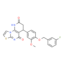 ChemSpider 2D Image | 4-{4-[(3-Fluorobenzyl)oxy]-3-methoxyphenyl}-3,4-dihydro-2H-pyrido[3,2-e][1,3]thiazolo[3,2-a]pyrimidine-2,5(1H)-dione | C23H18FN3O4S