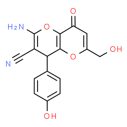 ChemSpider 2D Image | 2-Amino-6-(hydroxymethyl)-4-(4-hydroxyphenyl)-8-oxo-4,8-dihydropyrano[3,2-b]pyran-3-carbonitrile | C16H12N2O5