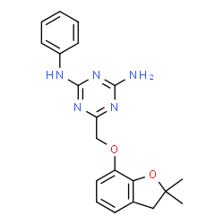 ChemSpider 2D Image | 6-{[(2,2-Dimethyl-2,3-dihydro-1-benzofuran-7-yl)oxy]methyl}-N-phenyl-1,3,5-triazine-2,4-diamine | C20H21N5O2