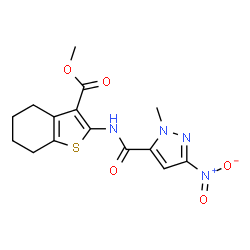 ChemSpider 2D Image | Methyl 2-{[(1-methyl-3-nitro-1H-pyrazol-5-yl)carbonyl]amino}-4,5,6,7-tetrahydro-1-benzothiophene-3-carboxylate | C15H16N4O5S