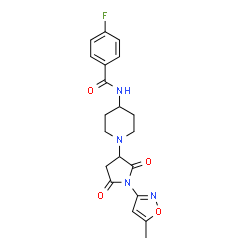 ChemSpider 2D Image | 4-Fluoro-N-{1-[1-(5-methyl-1,2-oxazol-3-yl)-2,5-dioxo-3-pyrrolidinyl]-4-piperidinyl}benzamide | C20H21FN4O4