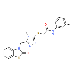 ChemSpider 2D Image | N-(3-Fluorophenyl)-2-({4-methyl-5-[(2-oxo-1,3-benzothiazol-3(2H)-yl)methyl]-4H-1,2,4-triazol-3-yl}sulfanyl)acetamide | C19H16FN5O2S2