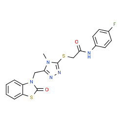 ChemSpider 2D Image | N-(4-Fluorophenyl)-2-({4-methyl-5-[(2-oxo-1,3-benzothiazol-3(2H)-yl)methyl]-4H-1,2,4-triazol-3-yl}sulfanyl)acetamide | C19H16FN5O2S2