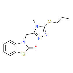 ChemSpider 2D Image | 3-{[4-Methyl-5-(propylsulfanyl)-4H-1,2,4-triazol-3-yl]methyl}-1,3-benzothiazol-2(3H)-one | C14H16N4OS2