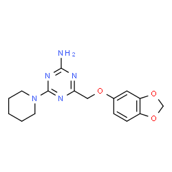ChemSpider 2D Image | 4-[(1,3-Benzodioxol-5-yloxy)methyl]-6-(1-piperidinyl)-1,3,5-triazin-2-amine | C16H19N5O3