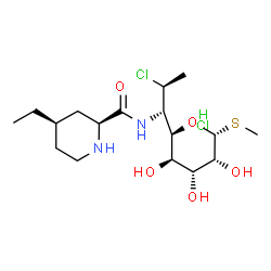 ChemSpider 2D Image | Methyl (5R)-5-[(1S,2S)-2-chloro-1-({[(2S,4R)-4-ethyl-2-piperidinyl]carbonyl}amino)propyl]-1-thio-beta-L-lyxopyranoside hydrochloride (1:1) | C17H32Cl2N2O5S