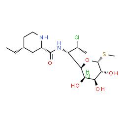 ChemSpider 2D Image | Methyl (5R)-5-[(1S,2R)-2-chloro-1-({[(2S,4R)-4-ethyl-2-piperidinyl]carbonyl}amino)propyl]-1-thio-beta-L-arabinopyranoside hydrochloride (1:1) | C17H32Cl2N2O5S