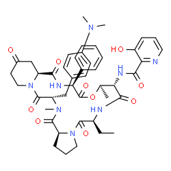 ChemSpider 2D Image | N-{(6S,9S,10R,13S,15aS,22S,24aS)-22-[4-(Dimethylamino)benzyl]-6-ethyl-10,23-dimethyl-5,8,12,15,17,21,24-heptaoxo-13-phenyldocosahydro-12H-pyrido[2,1-f]pyrrolo[2,1-l][1,4,7,10,13,16]oxapentaazacyclonon
adecin-9-yl}-3-hydroxy-2-pyridinecarboxamide | C45H54N8O10