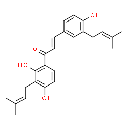 ChemSpider 2D Image | 1-(2,4-dihydroxy-3-(3-methyl-2-butenyl)phenyl)-3-(4-hydroxy-3-(3-methyl-2-butenyl)phenyl)-2-propen-1-one | C25H28O4
