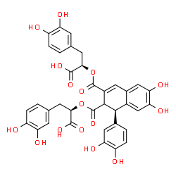 ChemSpider 2D Image | (2R,2'R)-2,2'-{[(1R)-1-(3,4-Dihydroxyphenyl)-6,7-dihydroxy-1,2-dihydronaphthalene-2,3-diyl]bis(carbonyloxy)}bis[3-(3,4-dihydroxyphenyl)propanoic acid] | C36H30O16