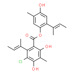 ChemSpider 2D Image | 2-[(2E)-2-Buten-2-yl]-4-hydroxy-5-methylphenyl 2-[(2E)-2-buten-2-yl]-3-chloro-4,6-dihydroxy-5-methylbenzoate | C23H25ClO5