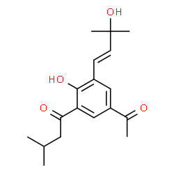 ChemSpider 2D Image | 1-{5-Acetyl-2-hydroxy-3-[(1E)-3-hydroxy-3-methyl-1-buten-1-yl]phenyl}-3-methyl-1-butanone | C18H24O4