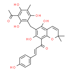 ChemSpider 2D Image | (2E)-1-[6-(3-Acetyl-2,4,6-trihydroxy-5-methylbenzyl)-5,7-dihydroxy-2,2-dimethyl-2H-chromen-8-yl]-3-(4-hydroxyphenyl)-2-propen-1-one | C30H28O9