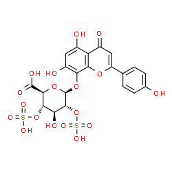 ChemSpider 2D Image | 5,7-Dihydroxy-2-(4-hydroxyphenyl)-4-oxo-4H-chromen-8-yl 2,4-di-O-sulfo-beta-D-glucopyranosiduronic acid | C21H18O18S2