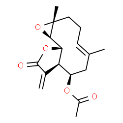 ChemSpider 2D Image | (1aR,4E,7R,7aR,10aS,10bR)-1a,5-Dimethyl-8-methylene-9-oxo-1a,2,3,6,7,7a,8,9,10a,10b-decahydrooxireno[9,10]cyclodeca[1,2-b]furan-7-yl acetate | C17H22O5