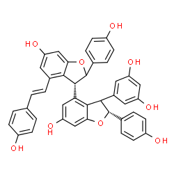 ChemSpider 2D Image | (2'R,3R)-3'-(3,5-Dihydroxyphenyl)-2,2'-bis(4-hydroxyphenyl)-4-[(E)-2-(4-hydroxyphenyl)vinyl]-2,2',3,3'-tetrahydro-3,4'-bi-1-benzofuran-6,6'-diol | C42H32O9