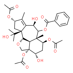 ChemSpider 2D Image | (2aS,3S,5S,5aS,7R,9S,10aS,10bS,10cR)-2a,5,9-Triacetoxy-3,7-dihydroxy-10a-(2-hydroxy-2-propanyl)-5a,8-dimethyl-2a,3,4,5,5a,6,7,9,10,10a,10b,10c-dodecahydro-2H-1-oxabenzo[cd]cyclopenta[h]azulen-6-yl ben
zoate | C33H42O12
