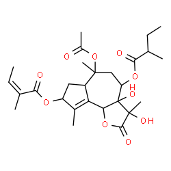 ChemSpider 2D Image | 6-Acetoxy-3,3a-dihydroxy-3,6,9-trimethyl-4-[(2-methylbutanoyl)oxy]-2-oxo-2,3,3a,4,5,6,6a,7,8,9b-decahydroazuleno[4,5-b]furan-8-yl (2Z)-2-methyl-2-butenoate | C27H38O10