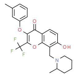 ChemSpider 2D Image | 7-Hydroxy-3-(3-methylphenoxy)-8-[(2-methyl-1-piperidinyl)methyl]-2-(trifluoromethyl)-4H-chromen-4-one | C24H24F3NO4