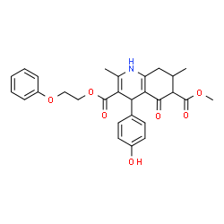 ChemSpider 2D Image | 6-Methyl 3-(2-phenoxyethyl) 4-(4-hydroxyphenyl)-2,7-dimethyl-5-oxo-1,4,5,6,7,8-hexahydro-3,6-quinolinedicarboxylate | C28H29NO7