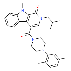 ChemSpider 2D Image | 4-{[4-(2,5-Dimethylphenyl)-1-piperazinyl]carbonyl}-2-isobutyl-9-methyl-2,9-dihydro-1H-beta-carbolin-1-one | C29H34N4O2