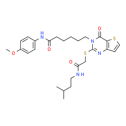 ChemSpider 2D Image | N-(4-Methoxyphenyl)-6-[2-({2-[(3-methylbutyl)amino]-2-oxoethyl}sulfanyl)-4-oxothieno[3,2-d]pyrimidin-3(4H)-yl]hexanamide | C26H34N4O4S2