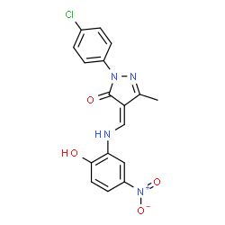 ChemSpider 2D Image | (4Z)-2-(4-Chlorophenyl)-4-{[(2-hydroxy-5-nitrophenyl)amino]methylene}-5-methyl-2,4-dihydro-3H-pyrazol-3-one | C17H13ClN4O4