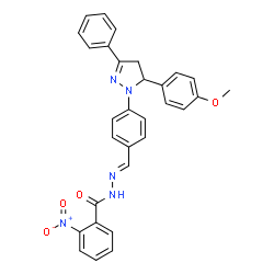 ChemSpider 2D Image | N'-[(E)-{4-[5-(4-Methoxyphenyl)-3-phenyl-4,5-dihydro-1H-pyrazol-1-yl]phenyl}methylene]-2-nitrobenzohydrazide | C30H25N5O4